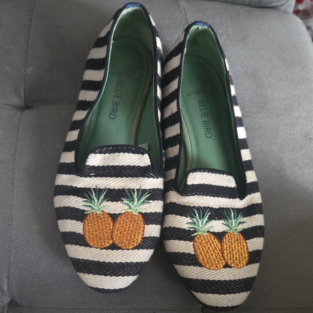 Blue Bird Black and White Striped Loafers with Pineapple Embroidery